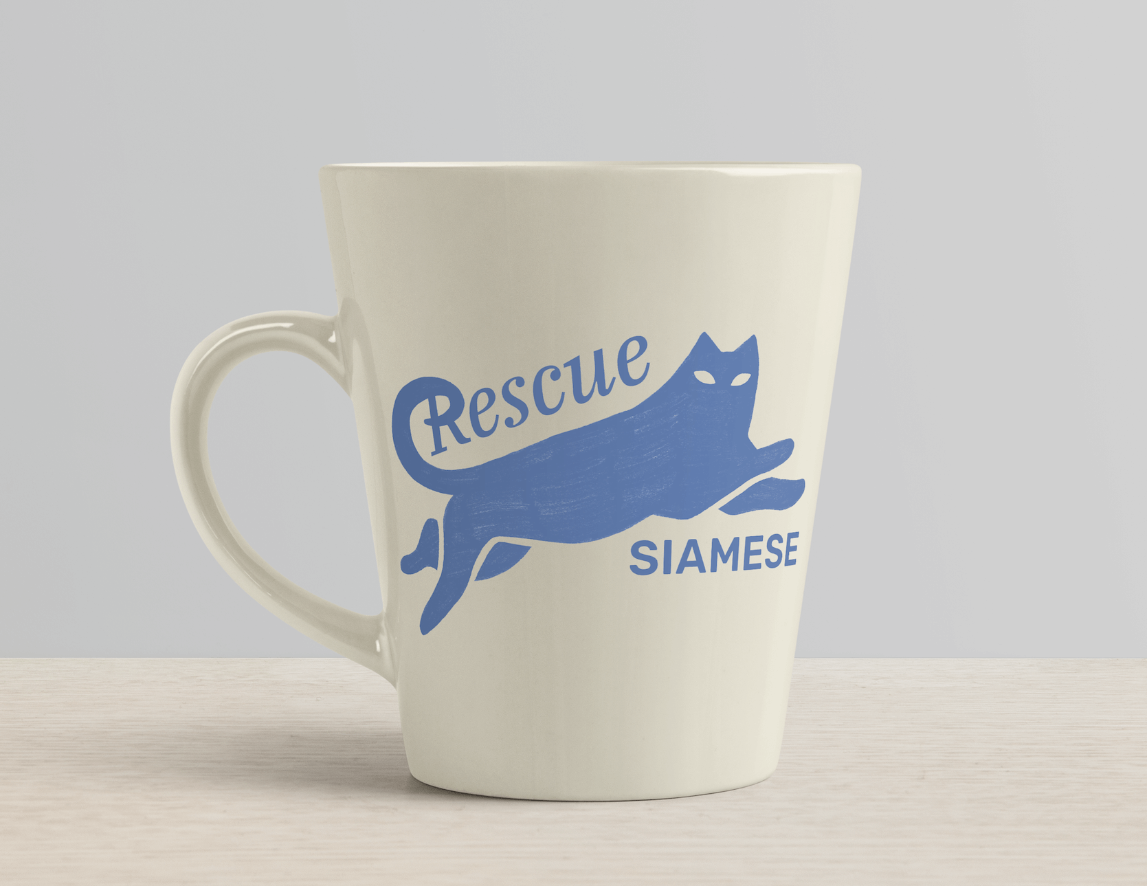 Image of a mug featuring the Rescue Siamese logo