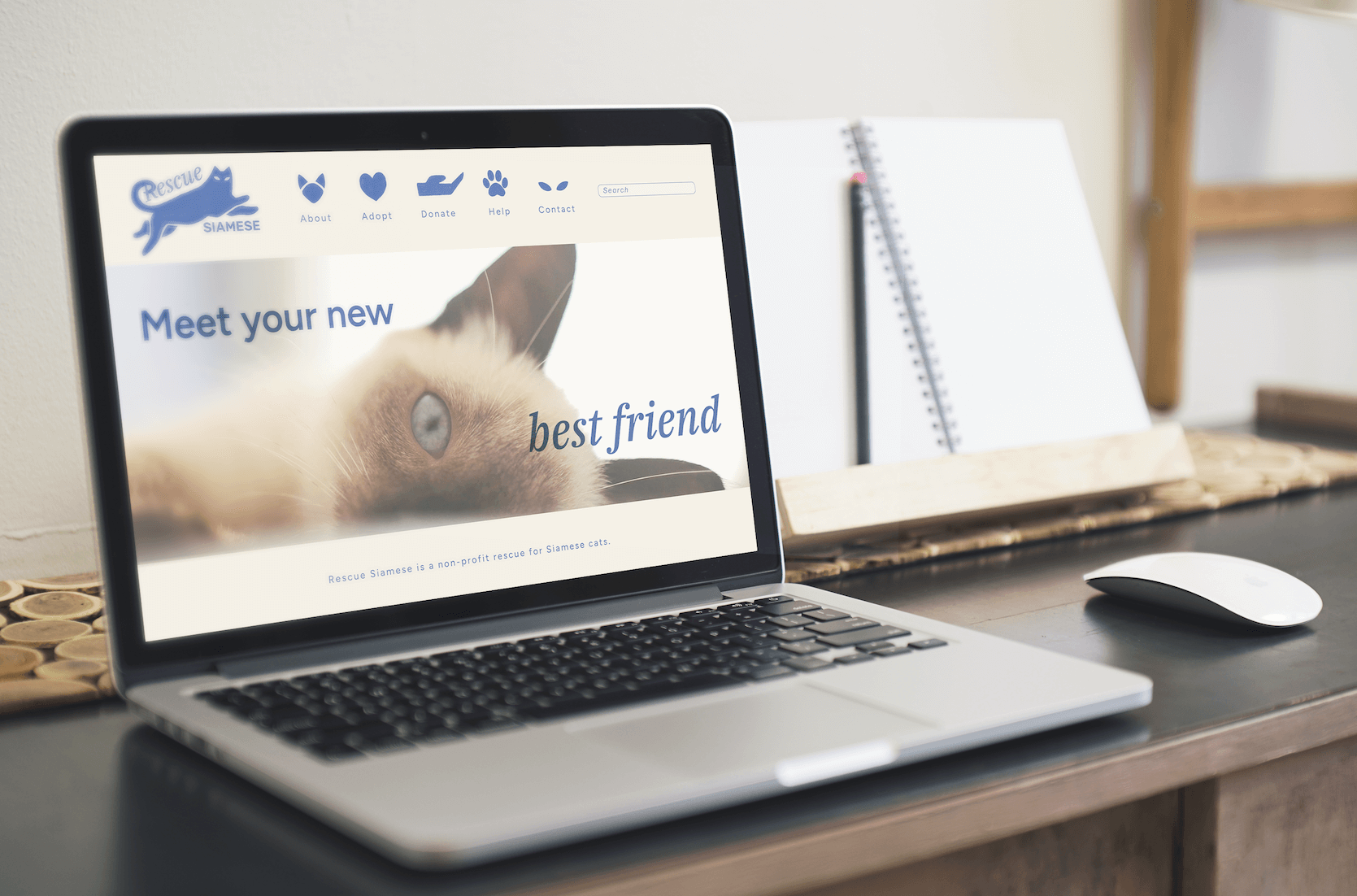 Image of Macbook featuring the Rescue Siamese landing page