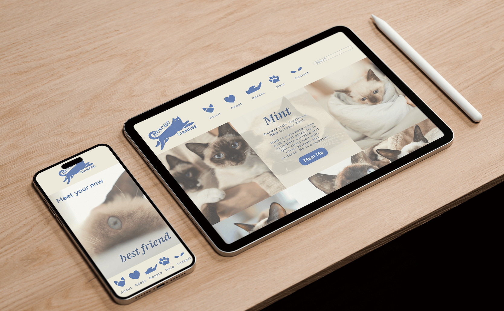 Image of an ipad and iphone featuring Rescue Siamese screens